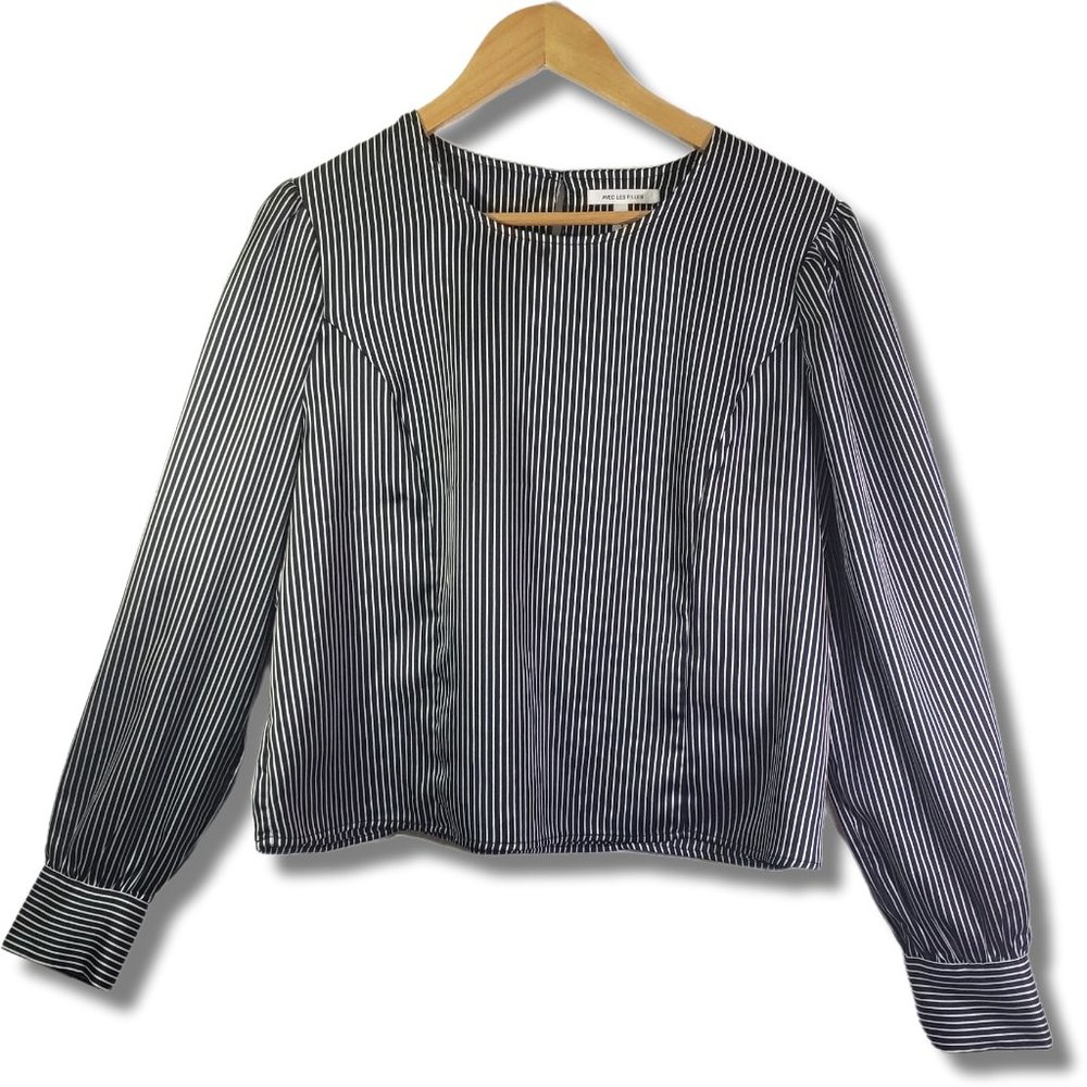 AVEC LES FILLES Large Black, White Stripe Pullover, Long Sleeve, Blouse Top